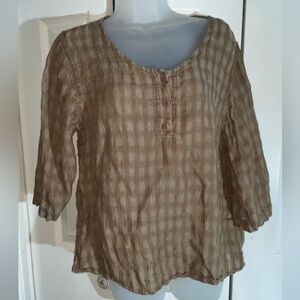 Flax Linen Brown Striped Lagenlook 3/4 Sleeve Top S Shirt Cottage AA15